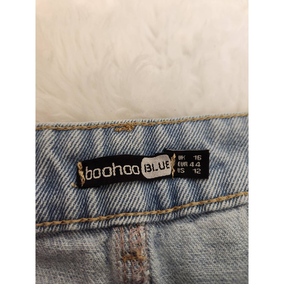 Boohoo Womens Blue Solid Cotton Distressed Hight Rise Straight Leg Jeans Size 12 - Picture 3 of 7